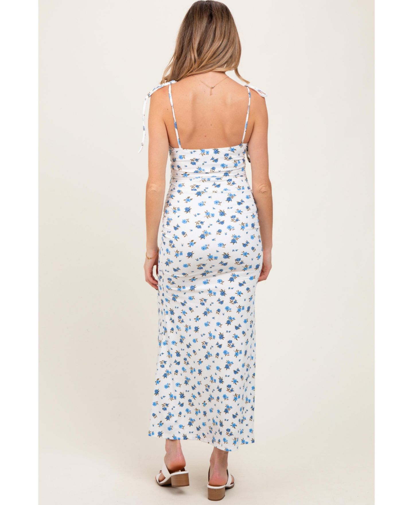 Женское платье Pinkblush Ribbed Floral Shoulder Tie Maxi, цвет: Синий — фото 4
