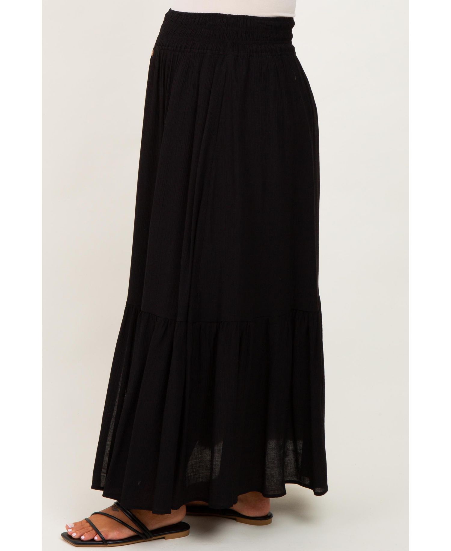 Women's Black Smocked Waist Button Accent Maxi Skirt