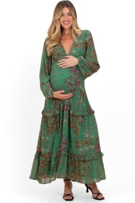 Women's Green Floral Chiffon V-Neck Long Sleeve Maxi Dress