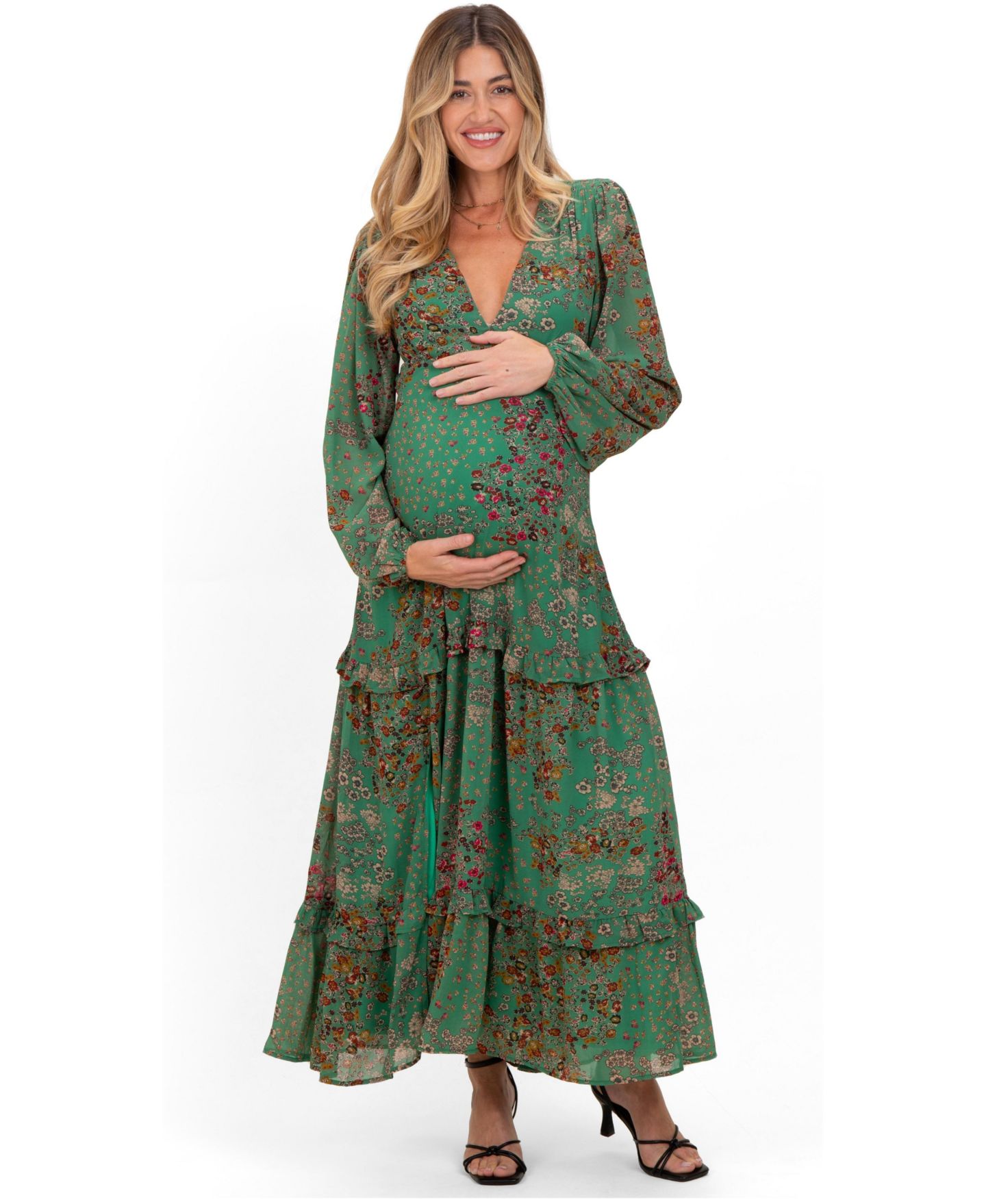 Женское платье Pinkblush Green Floral Chiffon V-Neck Long Sleeve Maxi, цвет: Зелёный — фото 1