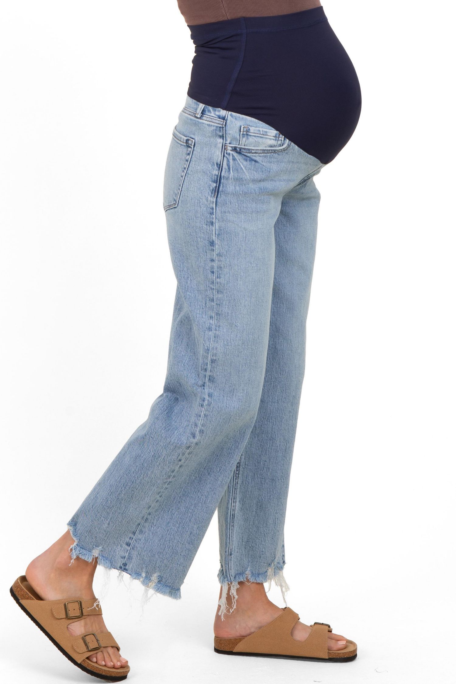 Women's Light Blue Fringe Hem Ankle Wide Leg Jeans
