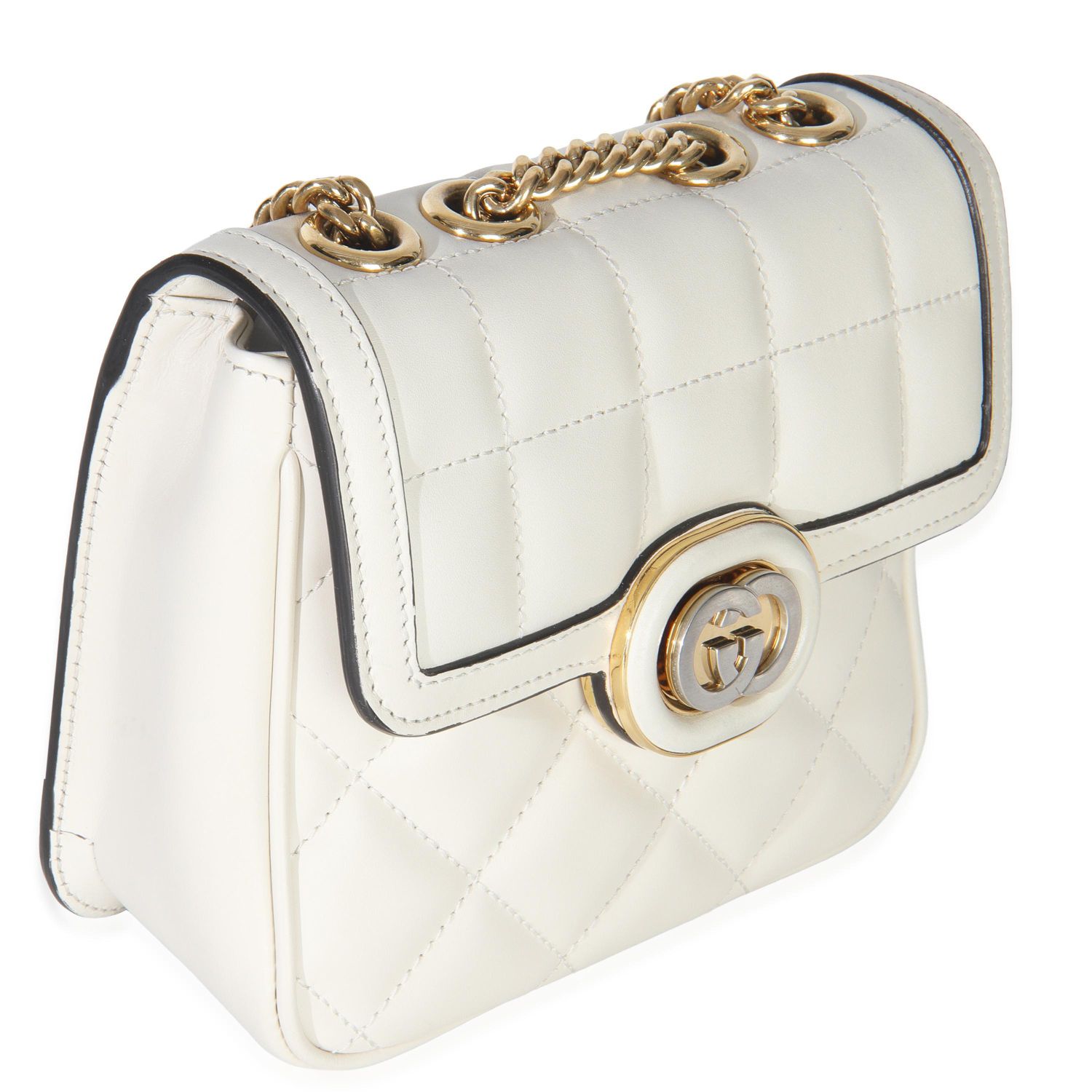 White Quilted Calfskin Mini Deco Chain Bag