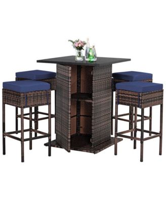 5 Pieces Patio Rattan Bar Table Stool Set Hidden Storage Shelf Cushioned