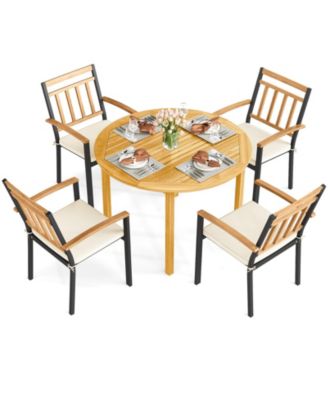 5-Piece Acacia Wood Round Patio Dining Set with Cushions