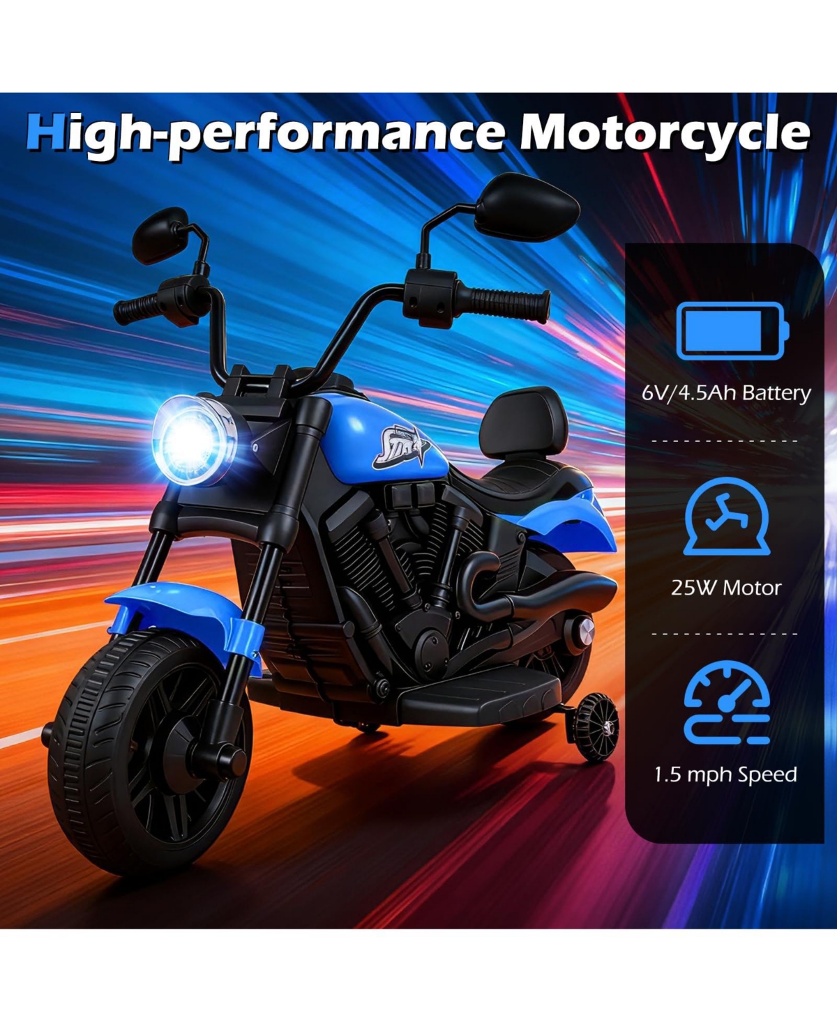 Mecale 6V Kids Motorcycle with Headlight and Music and Training Wheels-Navy