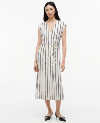 Women's Nautical Stripe Button-Front V-Neck Linen-Blend Midi Dress