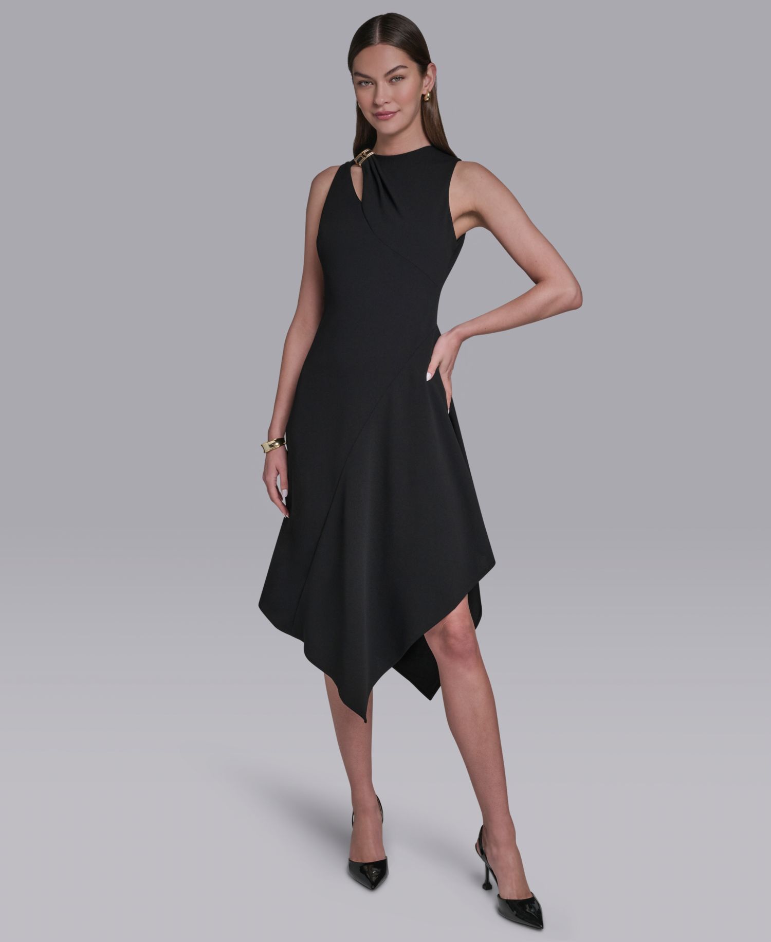 Women's Keyhole Detail Sleeveless Asymmetrical Hem Midi Dress