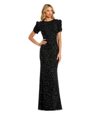 Petite Embellished Mesh High Neck Puff Sleeve Gown