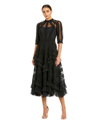 Petite Illusion High Neck Tiered Ruffle A-Line Midi Dress