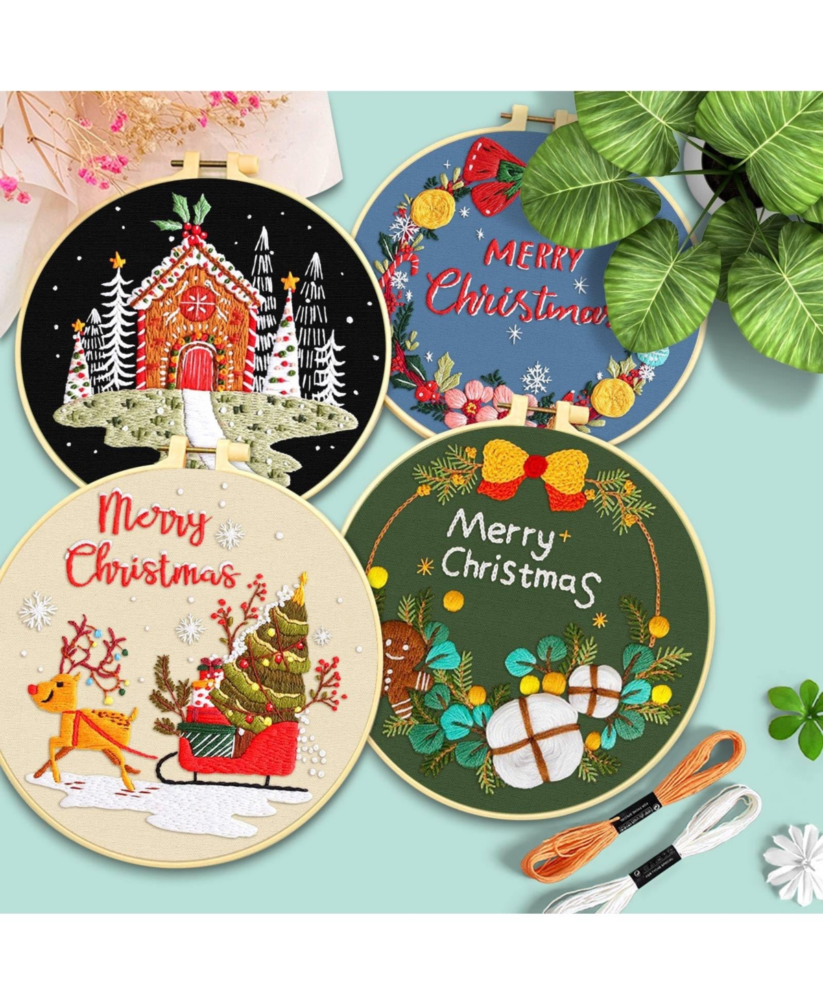 Gnuadz 4 Sets Christmas Embroidery Kit Beginners Cross Pattern Hoops Threads