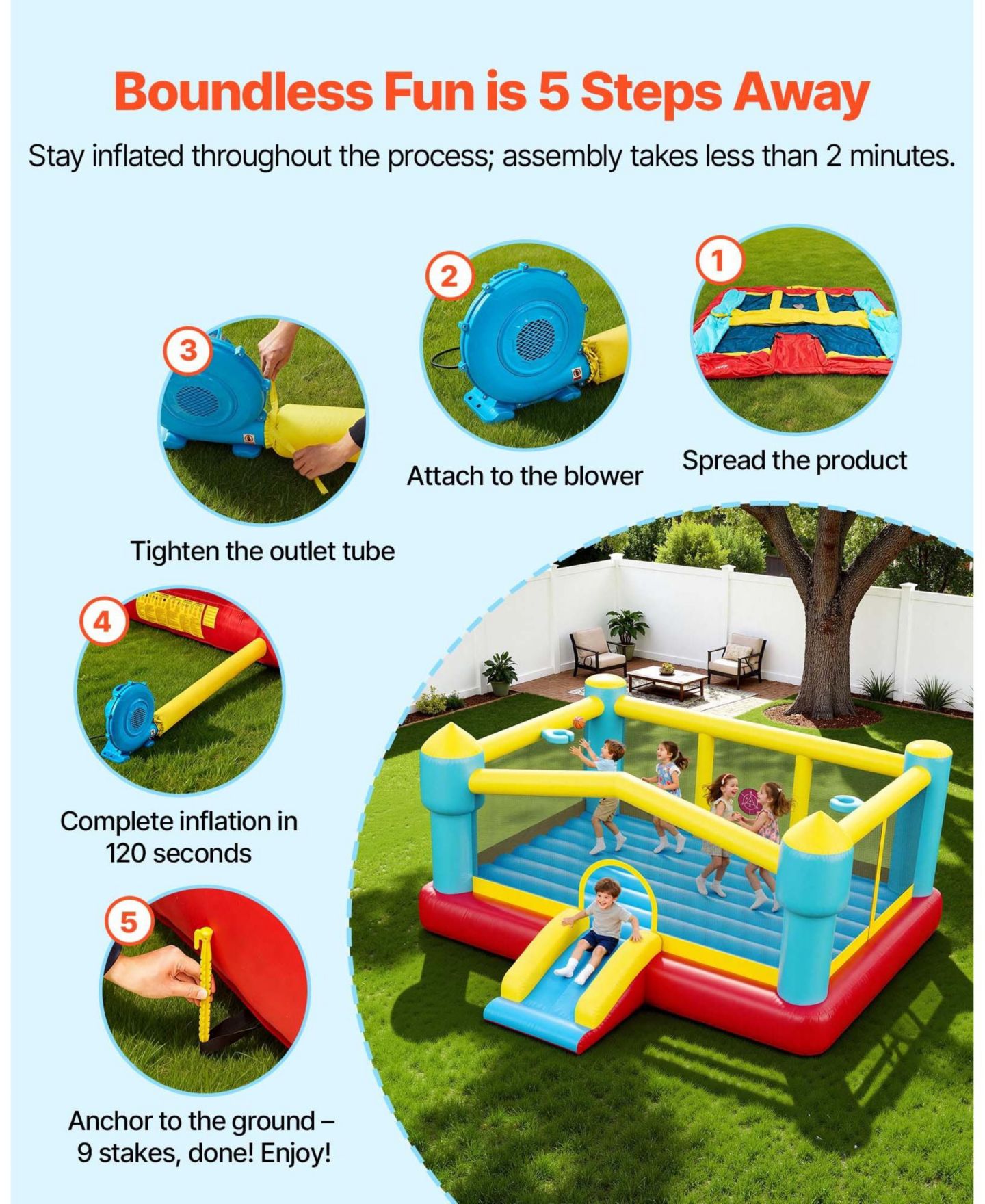 Детская игрушка Mecale Inflatable Bounce House 14.7 x 13.8 Ft with Basketball Hoop, Ages 3, цвет: Синий — фото 7