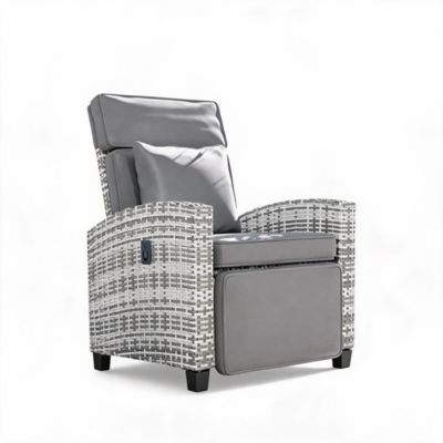 Outdoor Wicker Recliner Chair with 145degree(s) Adjustable Backrest and Footrest, Flip-Up Side Table, Removable Cushion