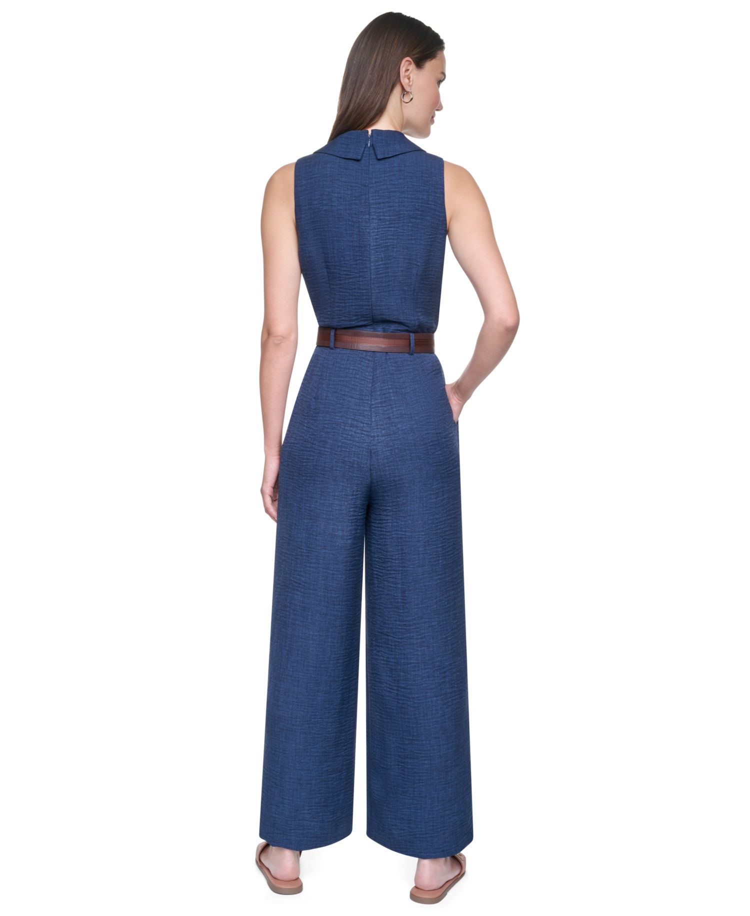 Women's Collared Sleeveless Belted Jumpsuit