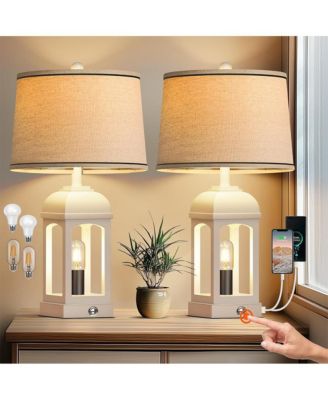 26-inch Table Lamp for Living Room, Farmhouse Lamps Set of 2 with USB A+C and Nightlight