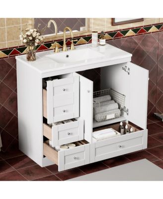 Modern Bathroom Vanity with Ceramic Sink, Freestanding MDF Cabinet, Soft Close Drawers for Small Spaces