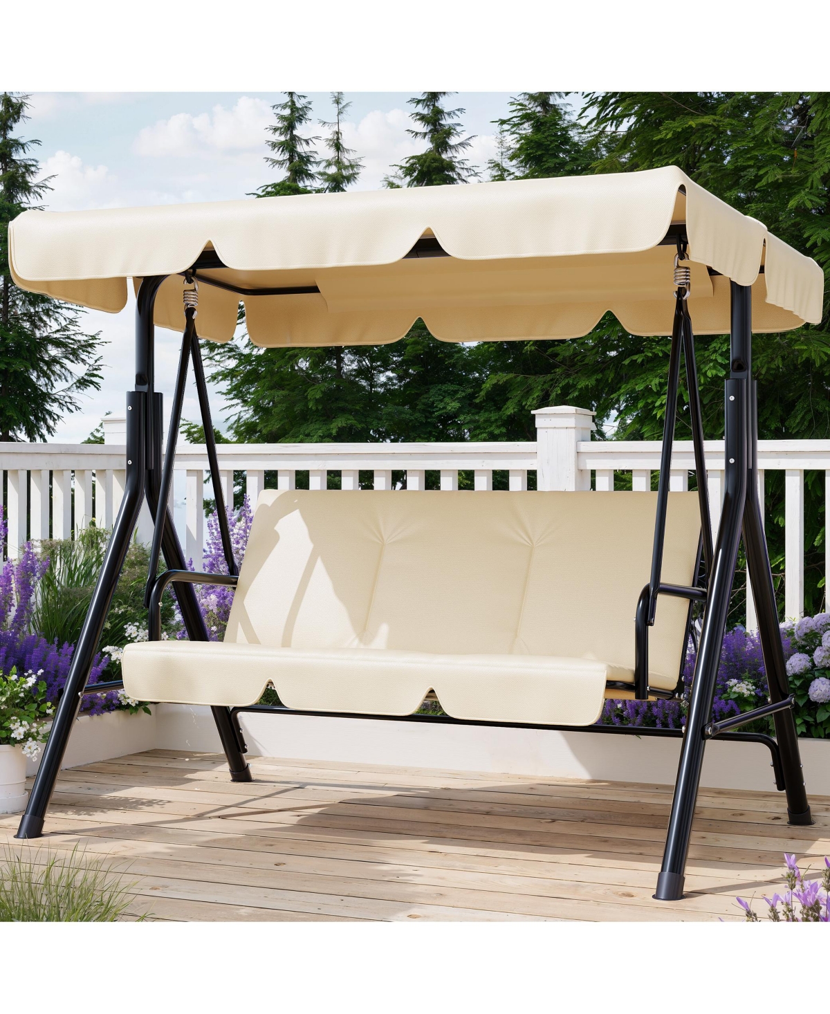 GarveeLife Outdoor Porch Swing with Adjustable Canopy, 3-Seat Patio Swing Chair with Stand Heavy Duty Outdoor Swing Metal Frame Patio Swing for Garden