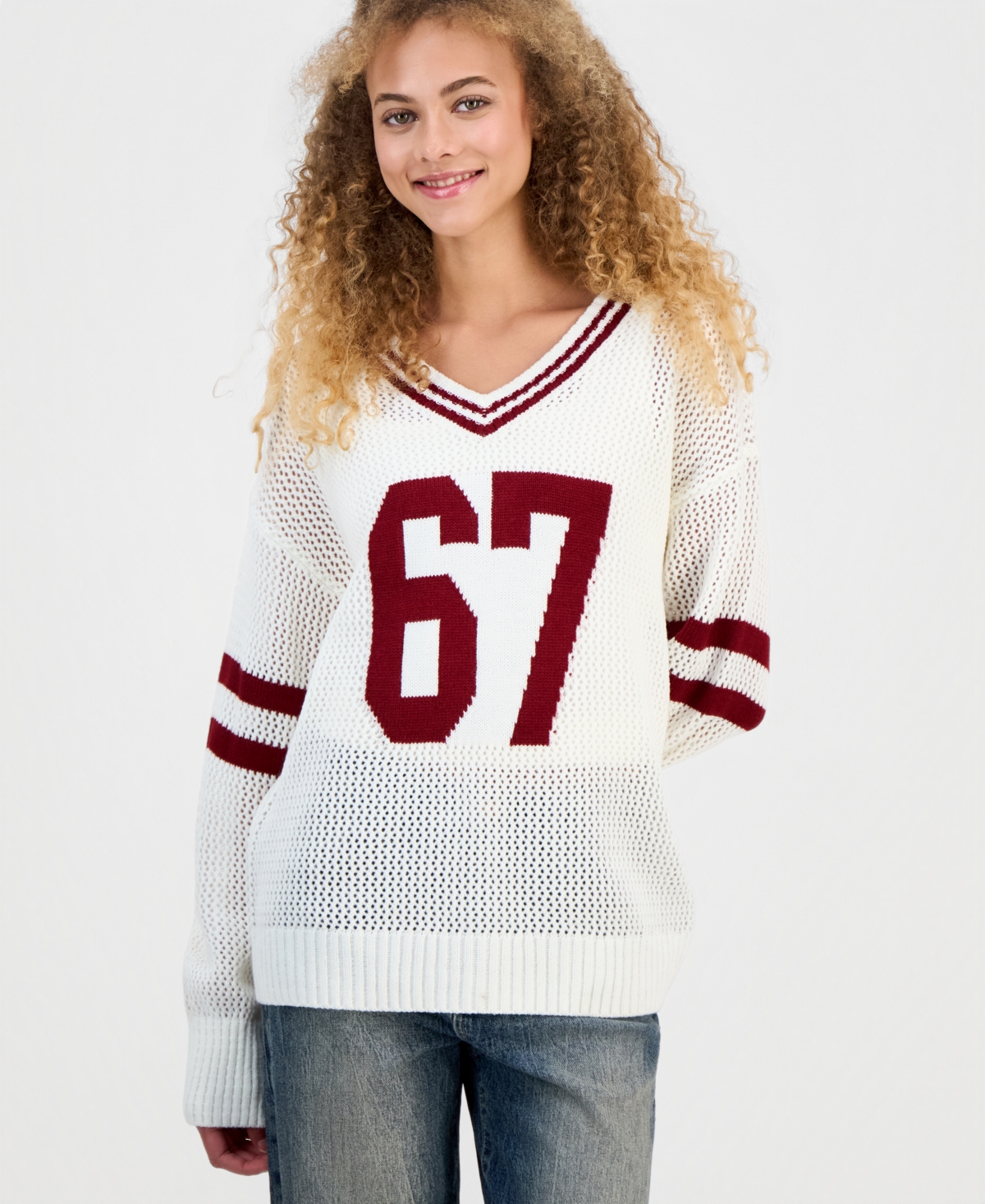 Madden Girl Juniors' Open-Knit Varsity Sweater