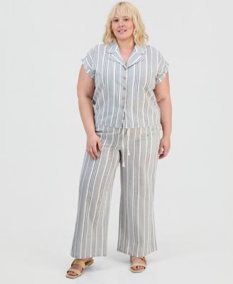 Trendy Plus Size Cap-Sleeve Shirt & Drawstring Pants Set