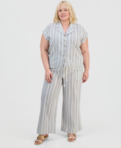 Женский комплект FULL CIRCLE TRENDS Trendy Plus Size Cap-Sleeve Shirt & Drawstring Pants Set, цвет: Полосатый чёрный