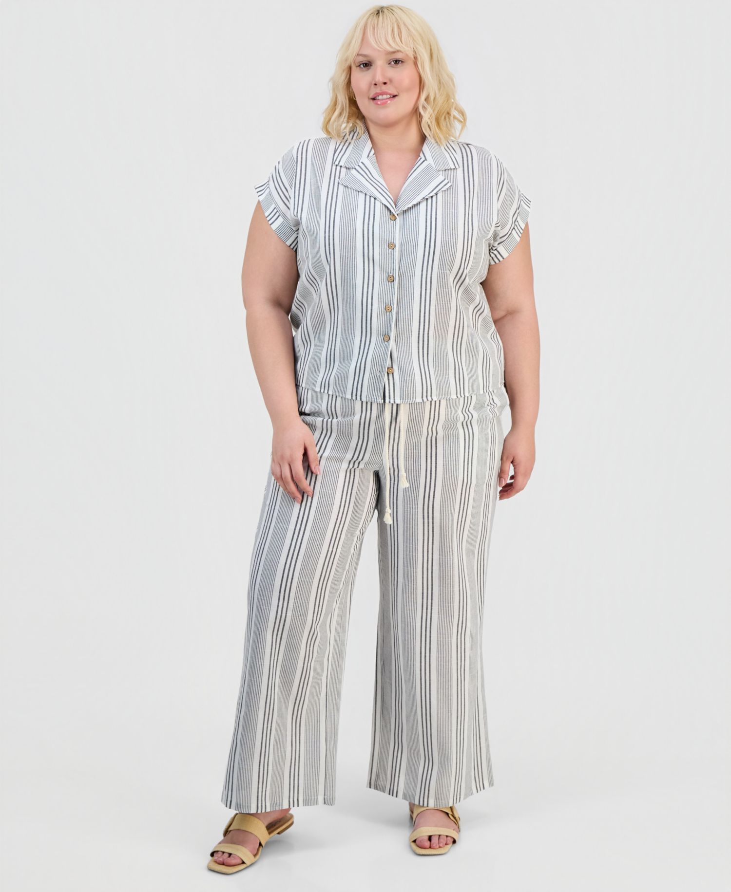 Trendy Plus Size Cap-Sleeve Shirt & Drawstring Pants Set