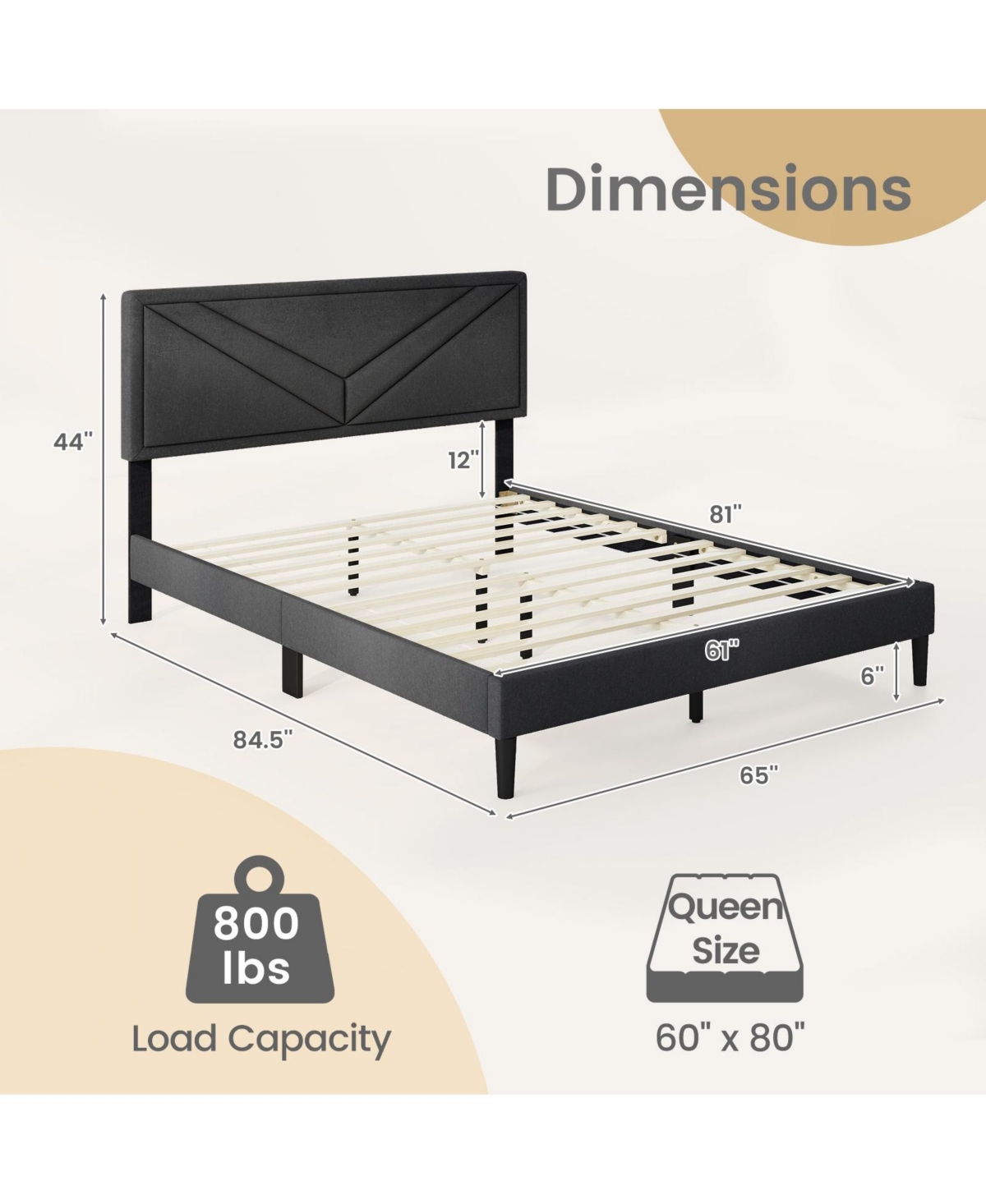 Slickblue Platform Bed Frame with Upholstered Tufted Headboard Slats
