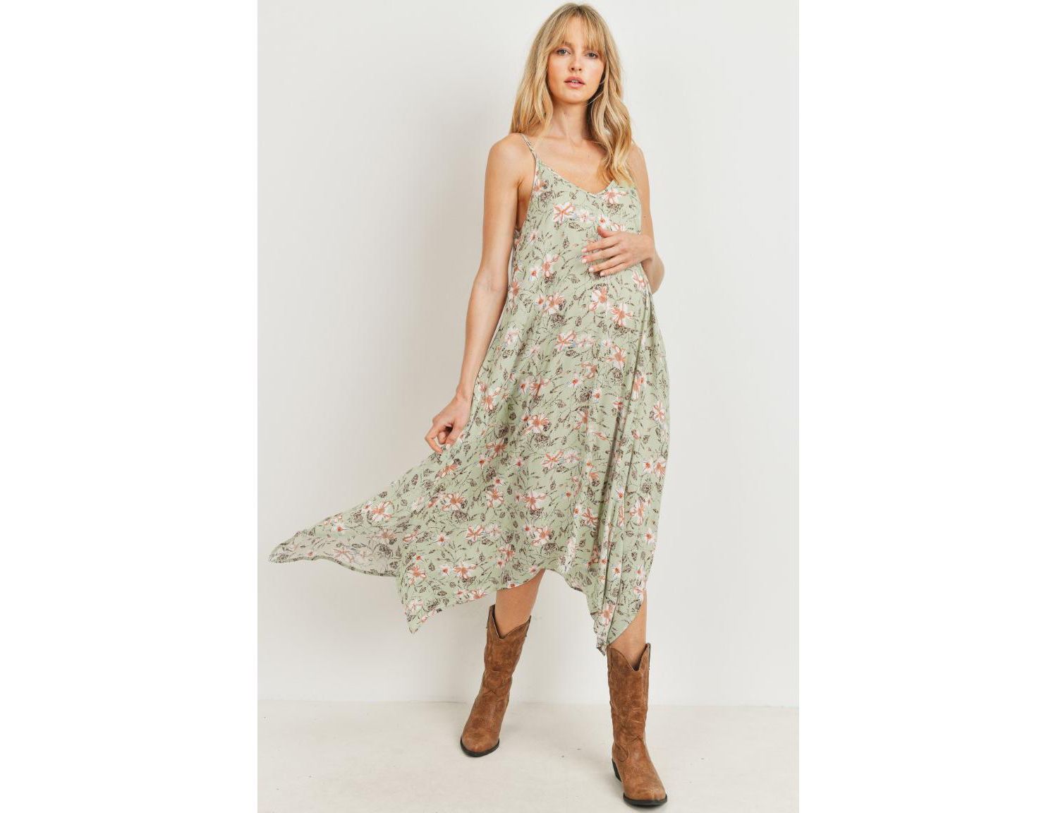 Women's Floral V-Neck Spaghetti Strap Midi Dress with Pockets