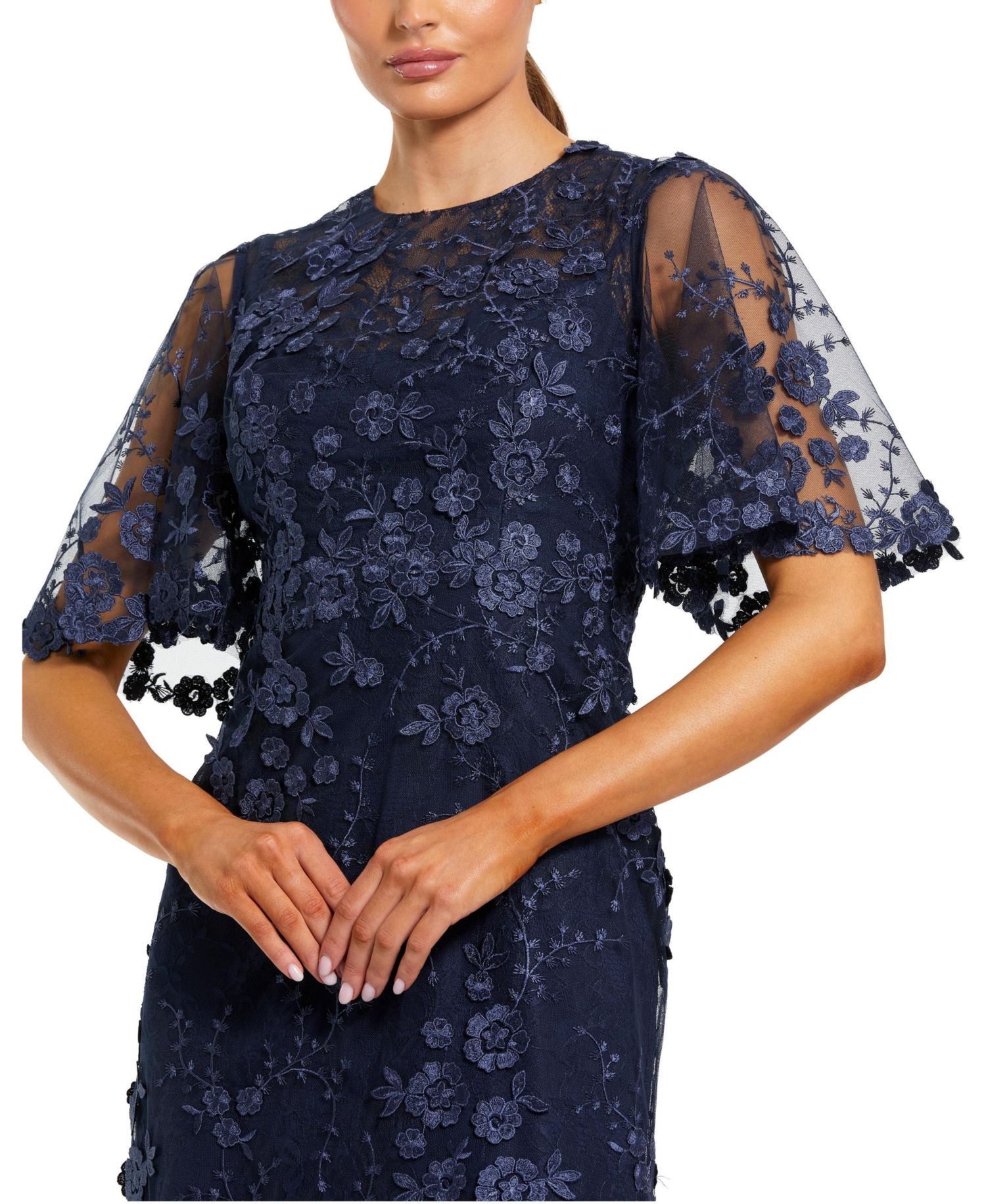 Petite Flutter Sleeve Floral Embroidered Net Gown