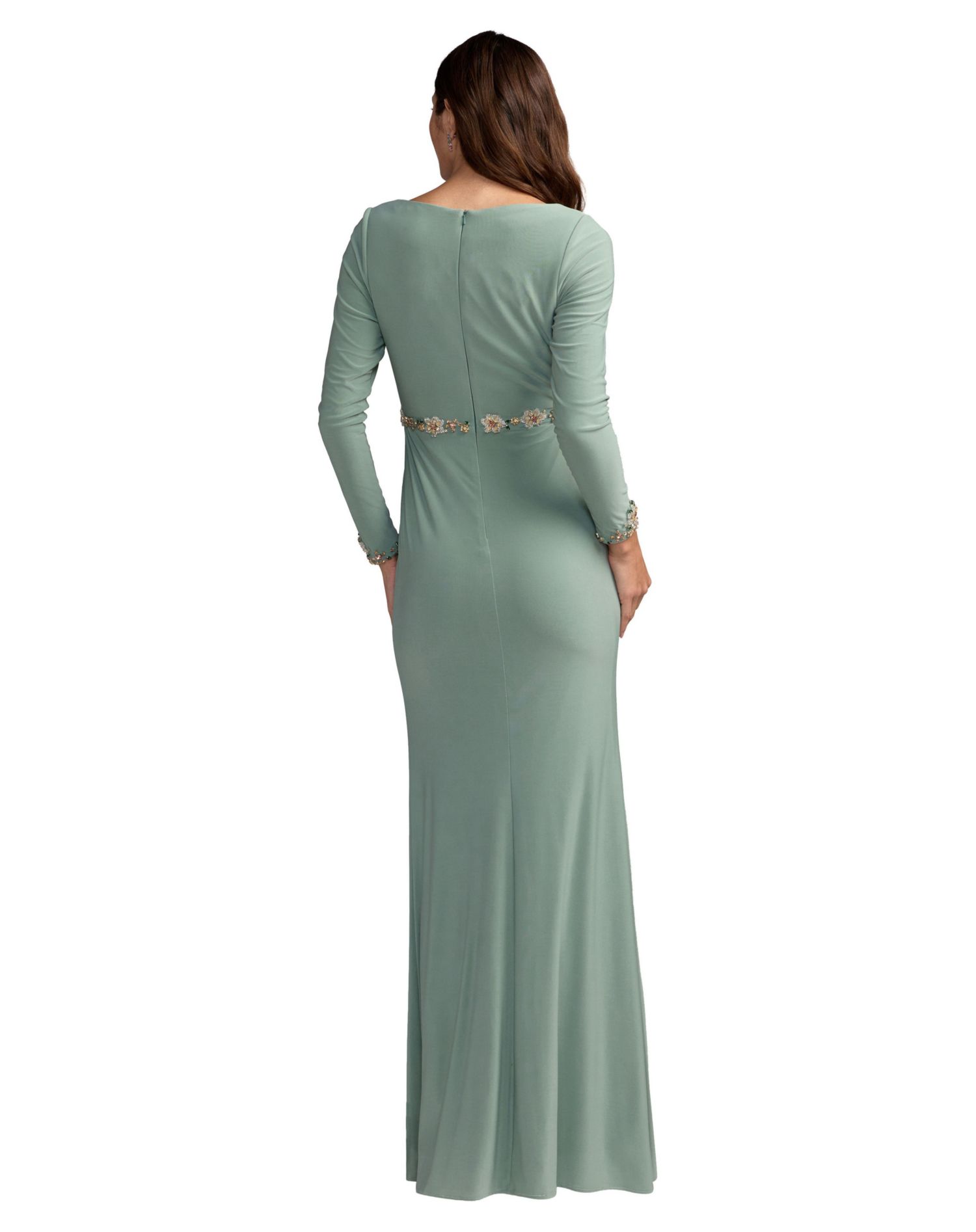 Women's Jersey Long Sleeve V-Neck Gown With Beaded Belt