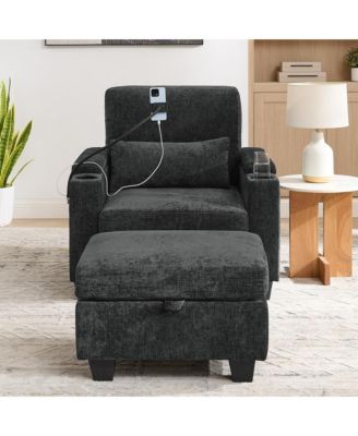 Accent Chair with Storage Ottoman Set, Convertible Chaise Lounge Sleeper Chair with USB Charging and Phone Holder for Living Room