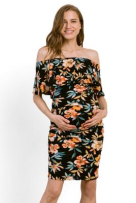 Maternity Bodycon Floral Off-the-Shoulder Ruffle Dress