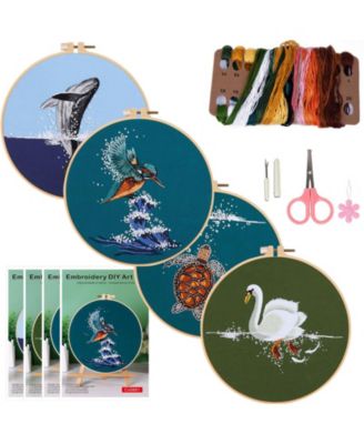 4 Sets Embroidery Kit Beginners Hand Stitches Dolphin Swan Turtle Hummingbird