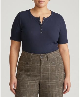 Plus Size Henley Short Sleeve Ribbed Tee