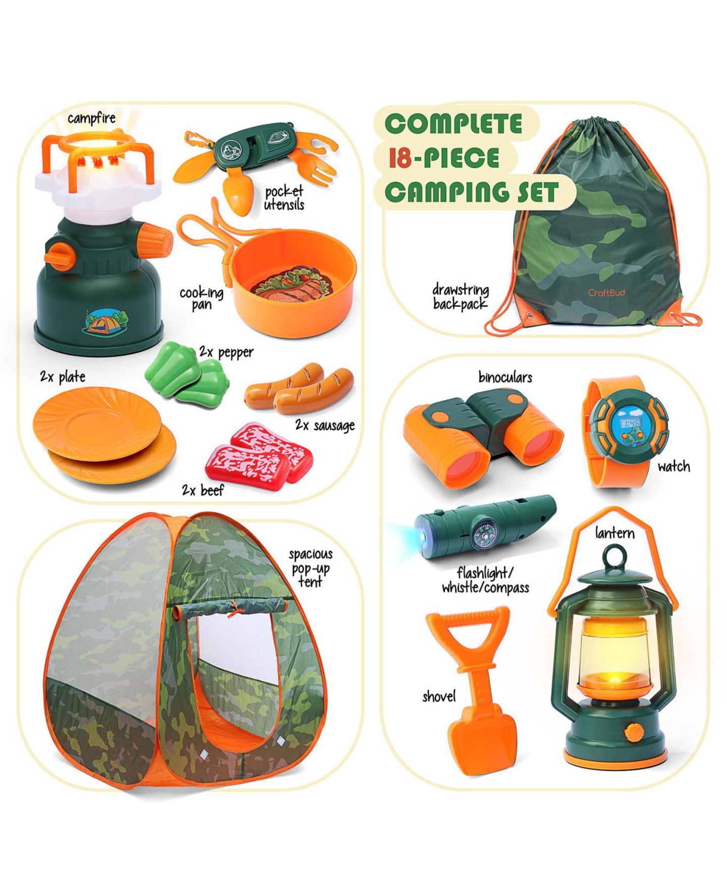 Детские игрушки Clara Clark Camping Pop-Up Tent Light-Up 17-Piece Play Set, Ages 3+, цвет: Зелёный / Оранжевый — фото 3