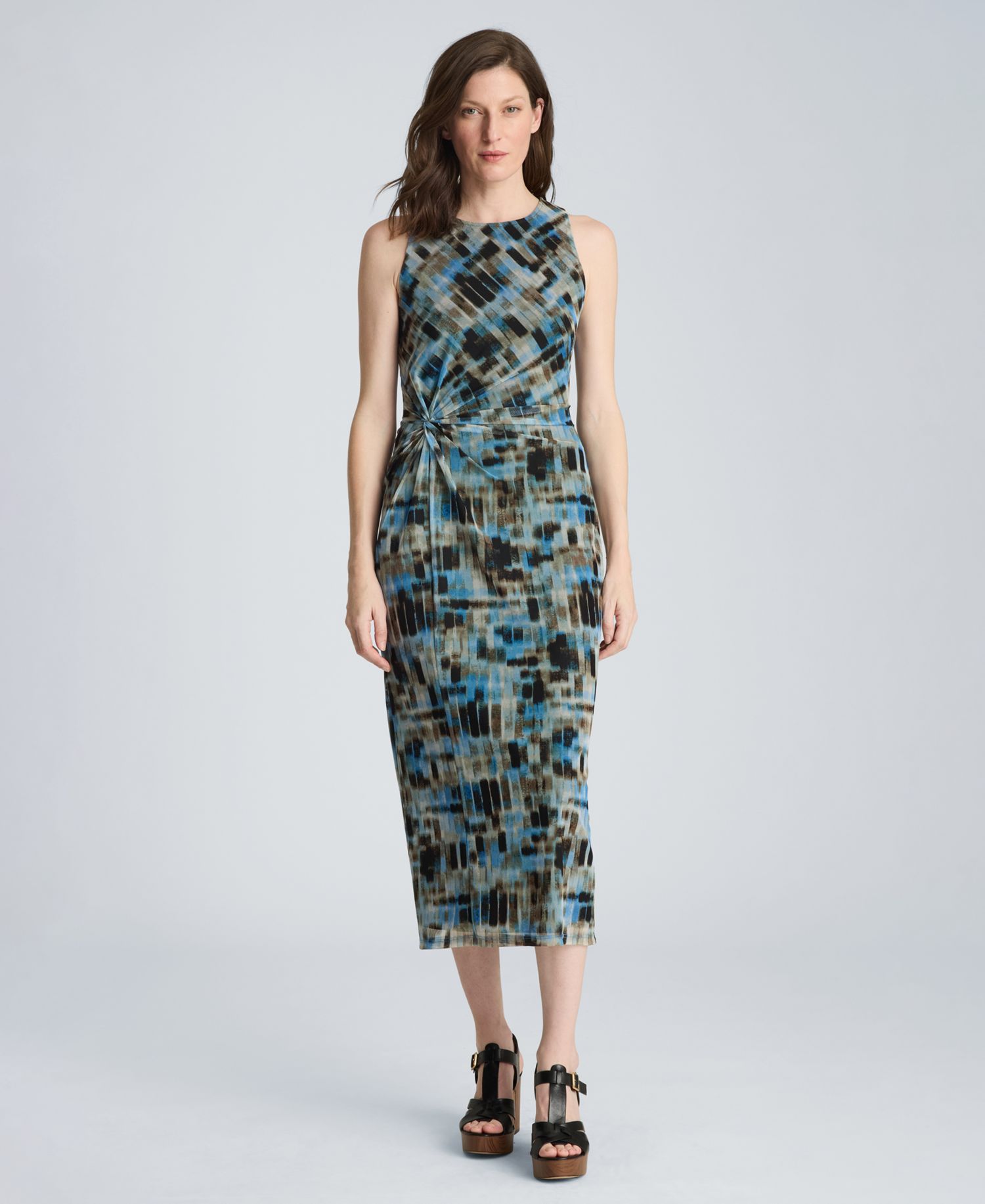 Women's Twist Front Mesh Printed Midi Dress