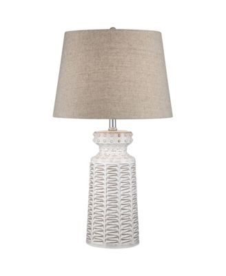 Country Cottage Table Lamp with USB Charging Port 26" High Cream Ceramic Linen Drum Shade Living Room Bedroom