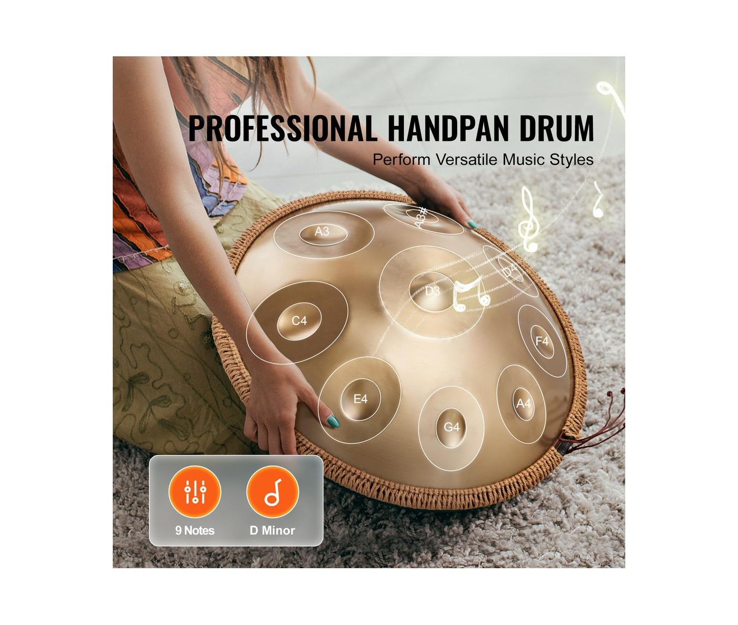 Детские игрушки SUGIFT 22 in 9 Note D Minor Handpan Steel Drum with Mallets Stand and Carry Bag, цвет: Золотой — фото 4
