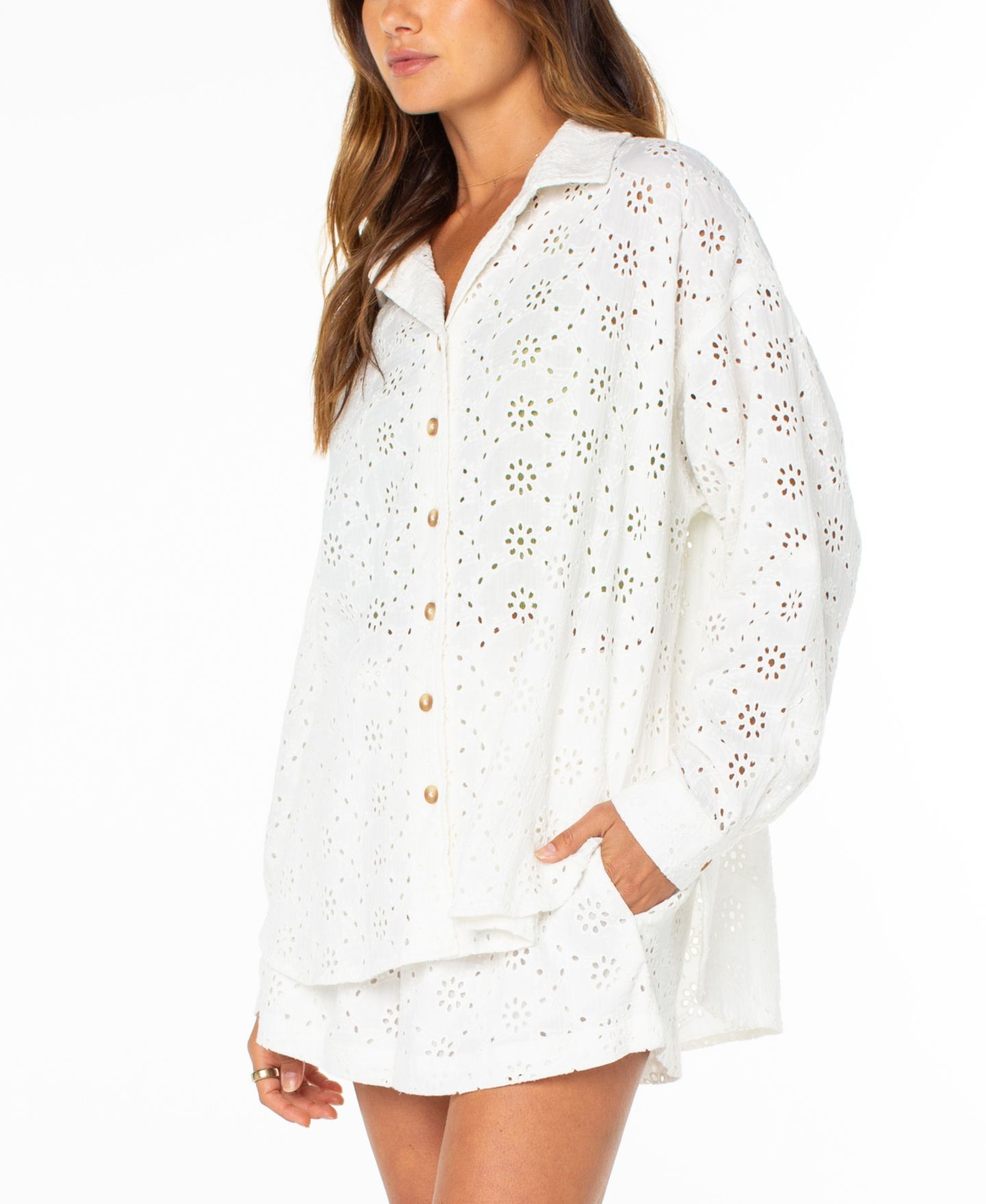 Женская рубашка Roxy Morning Time Eyelet Detail Cotton, цвет: Облачный — фото 3