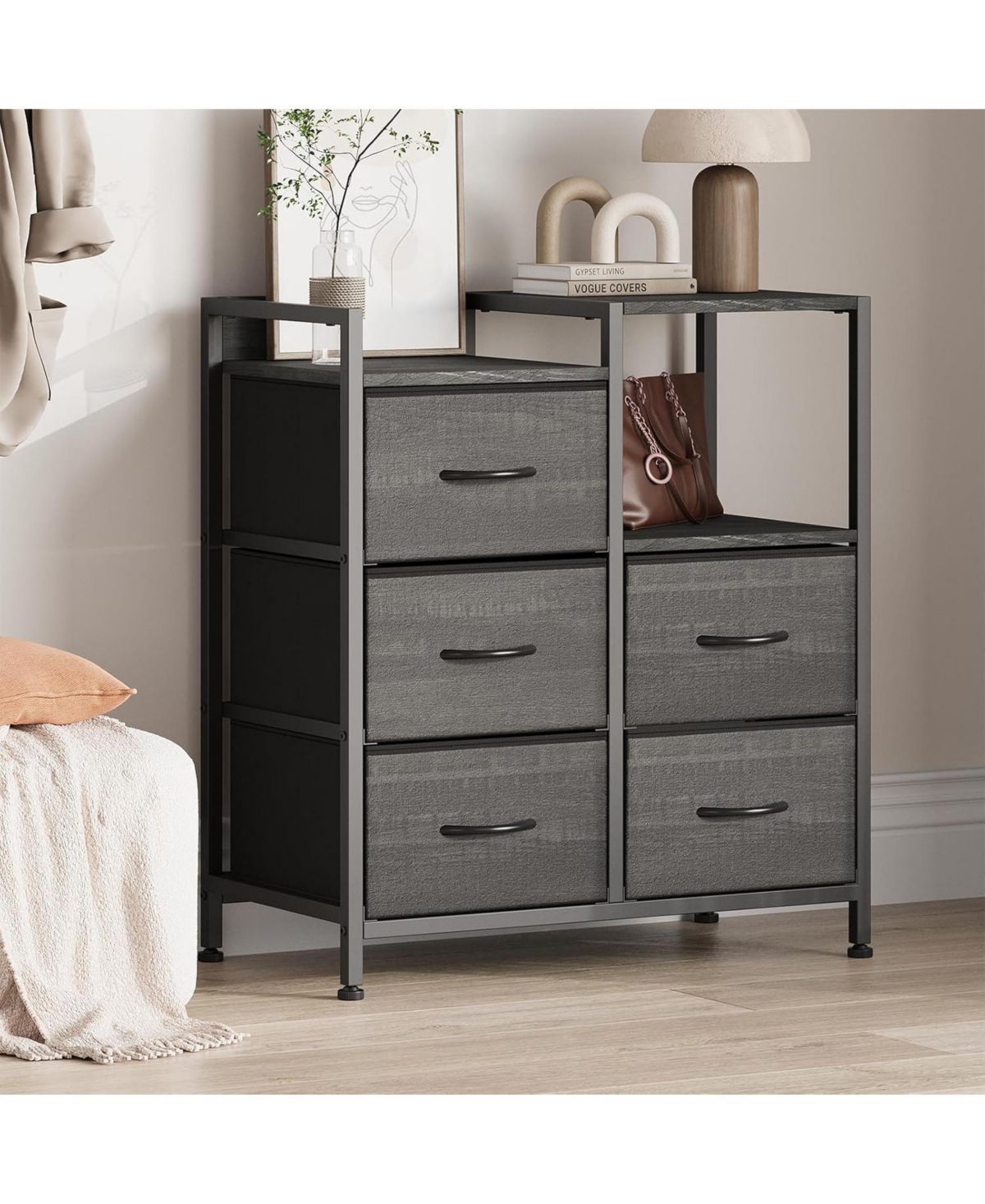 gaomon 5-Drawer Filing Cabinet with Open Storage Shelves and Rolling Printer Rack, Fabric Horizontal File