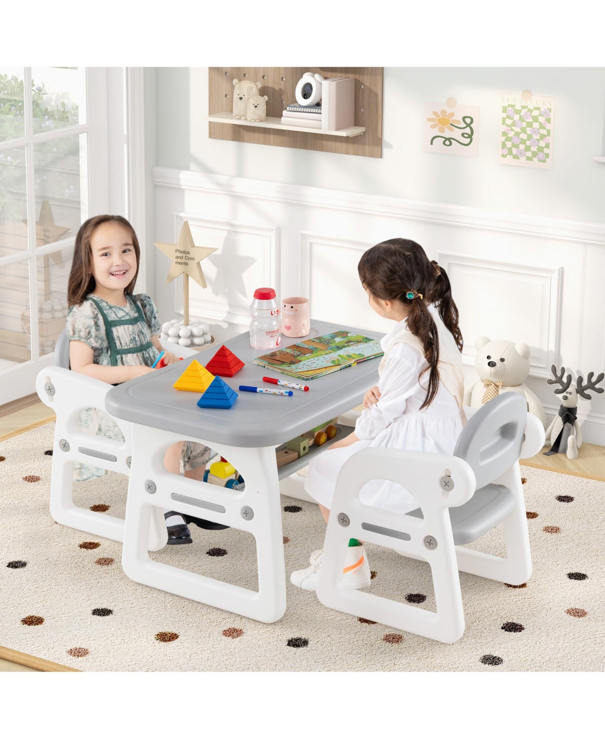 Gouun Kids Table and Chair Set with Building Blocks Surface