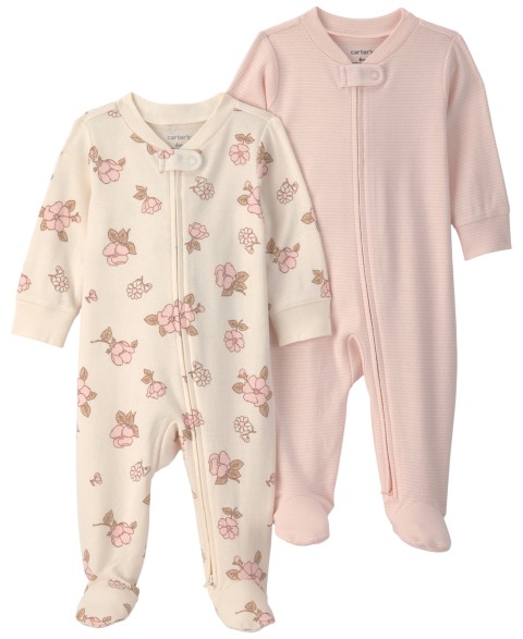 Carter's Baby Girls' Flower Striped 2-Way Zip Sleep & Play, 2-Pack