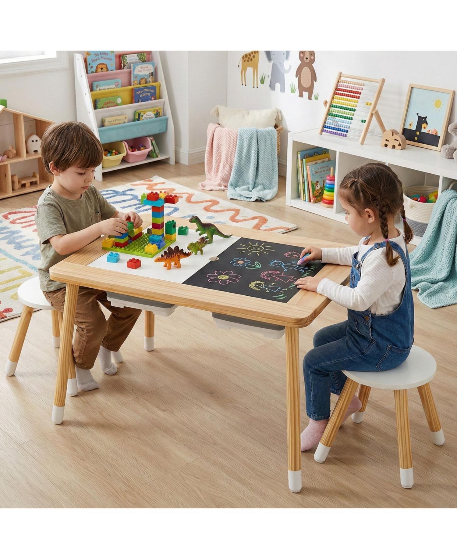 Wooden Kids Activity Table with Double-Sided Boards and Stools