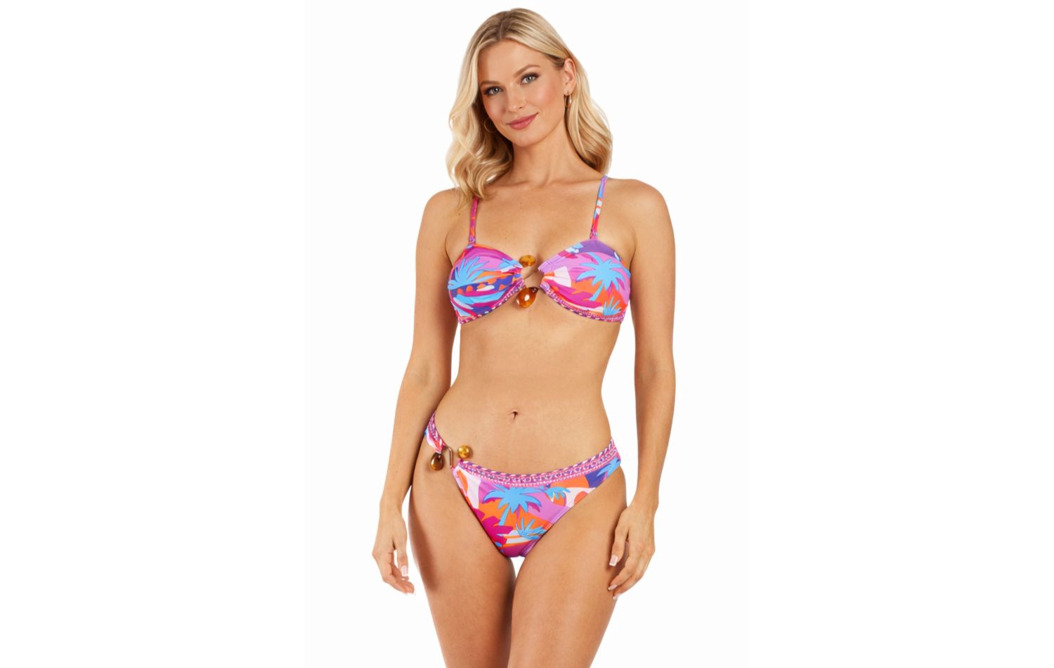 Women's Club Moda Tropical Palm Print Bikini Set - Bandeau Beaded Top and Tie-Side Bottom Luxury Resort Swimwear