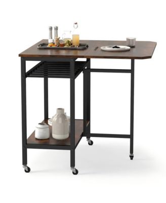 Folding Dining Table with Wine Rack, Open Shelf, and Wheels