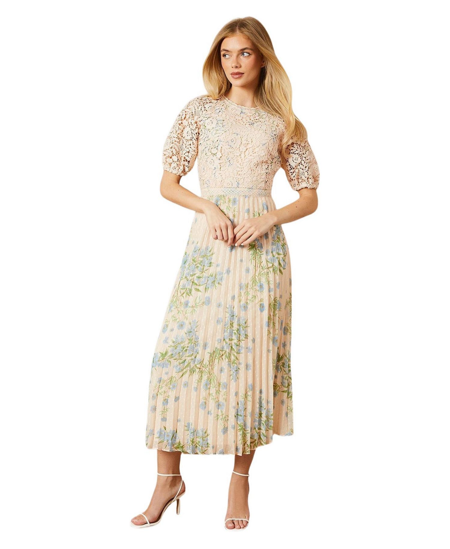 Women's Floral Lace Bodice Pleated Midi Dress