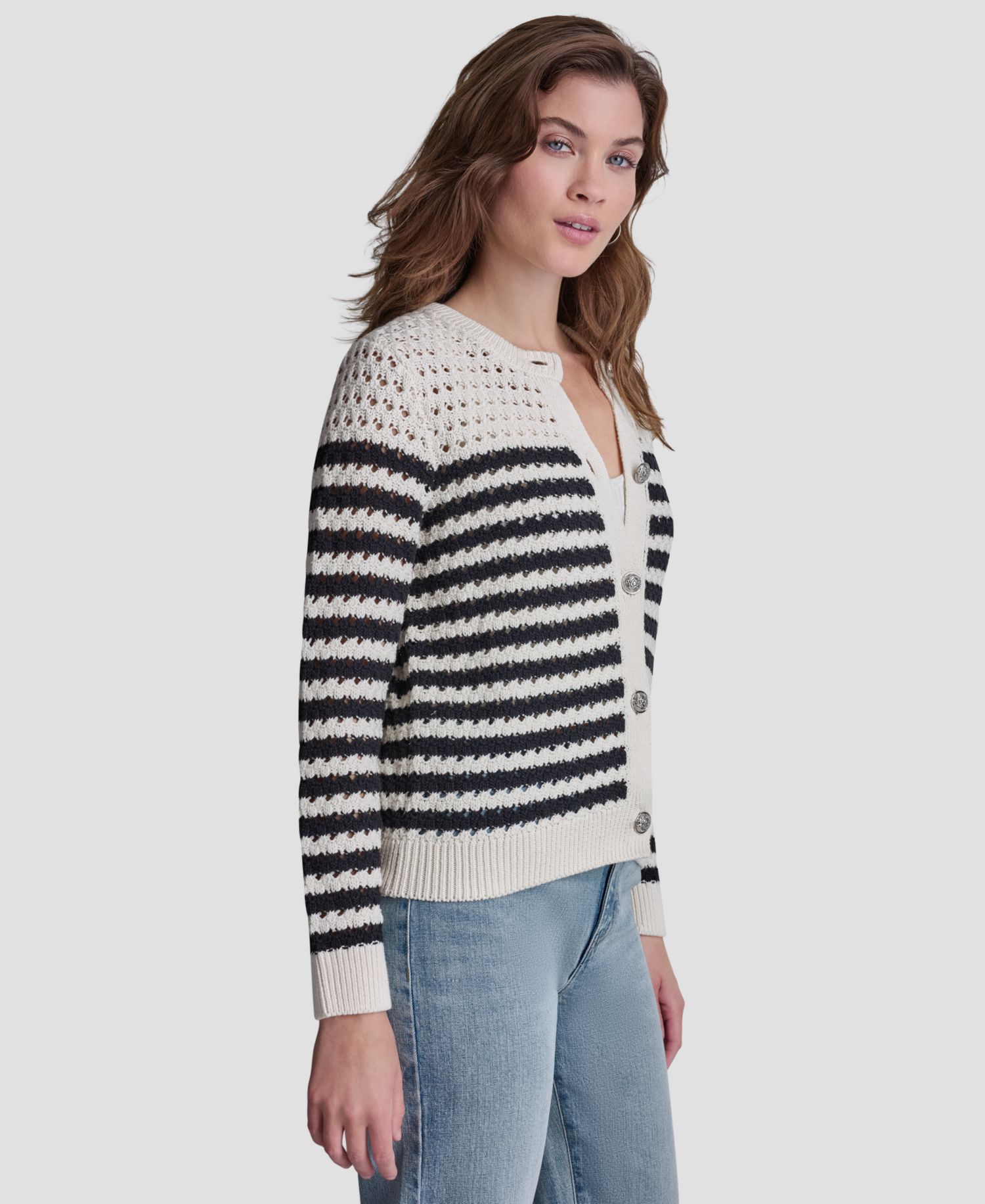 Petite Long-Sleeve Stripe Pointelle Stitch Cardigan