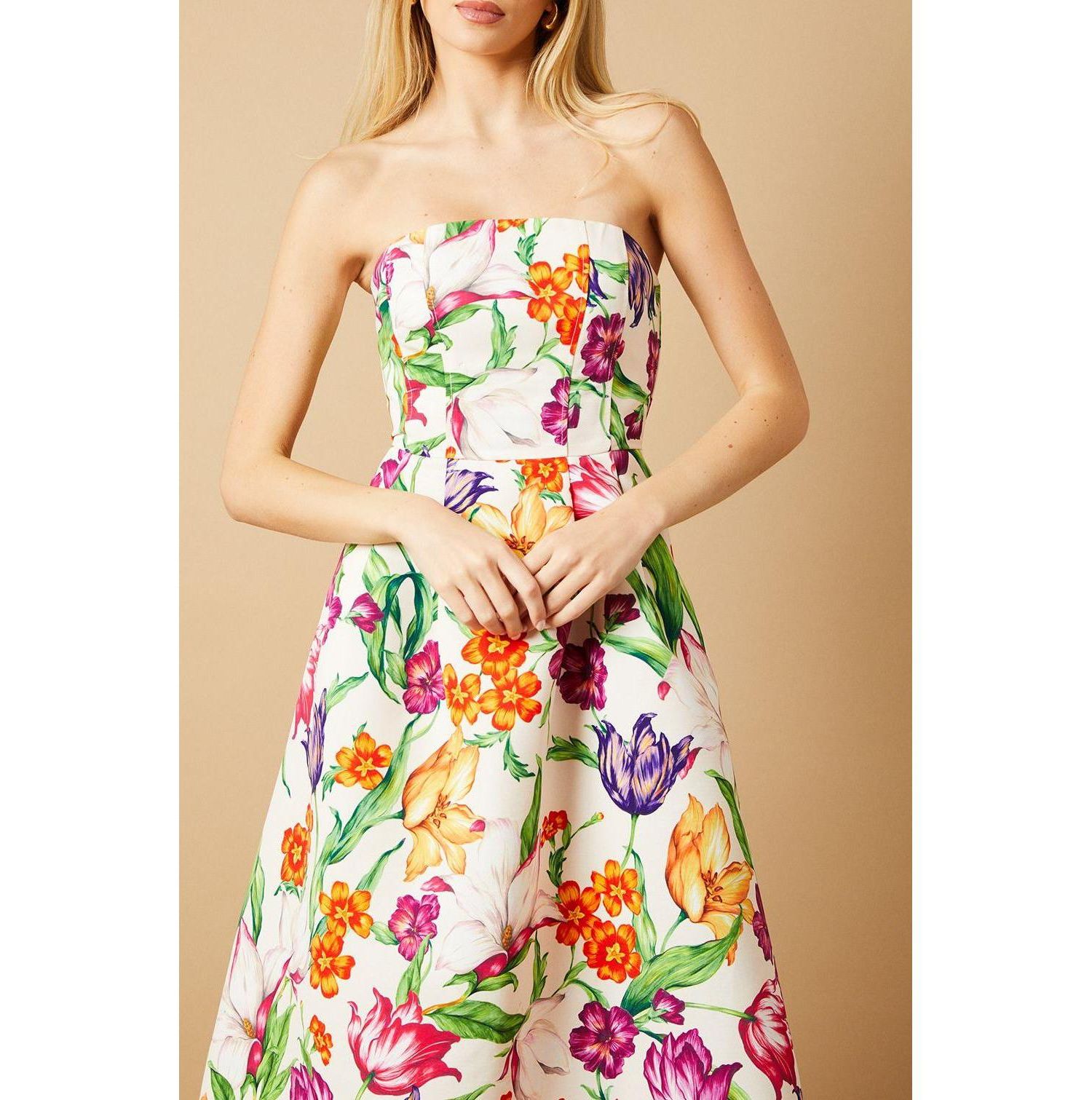 Women's Floral Twill Strapless Midi Dress