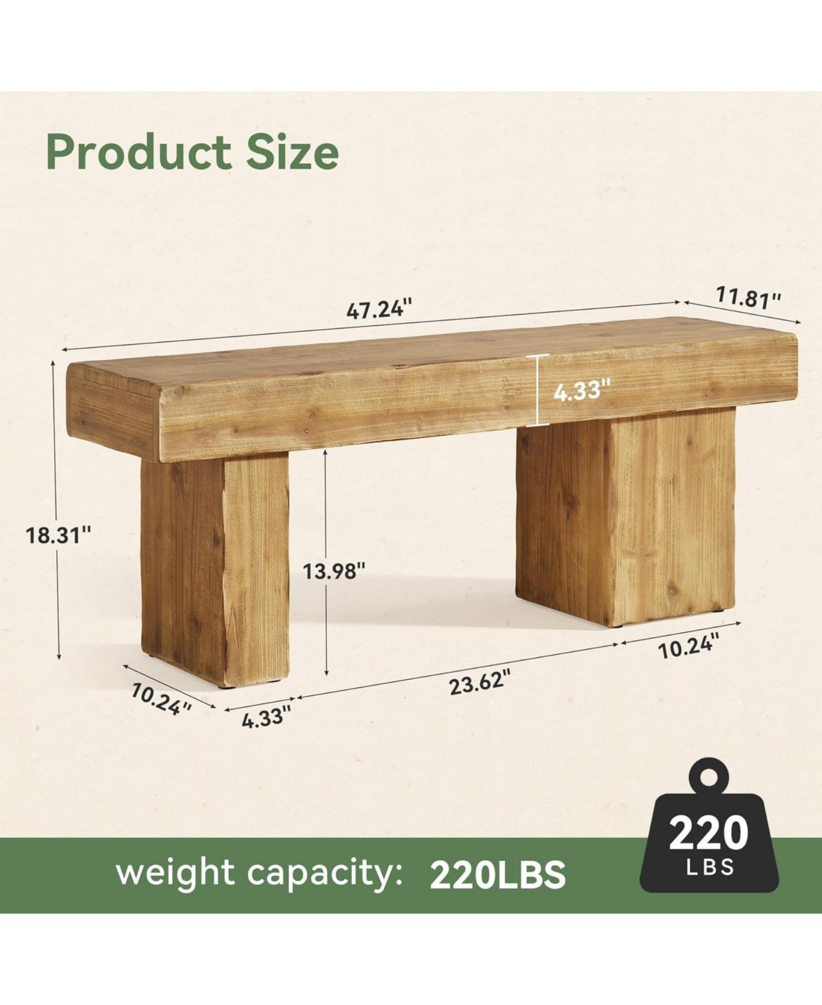 Tribesigns Solid Wood Dining Bench, 47" Farmhouse Dining Bench with Thickened Seat and Artistic Legs, Entryway Bench