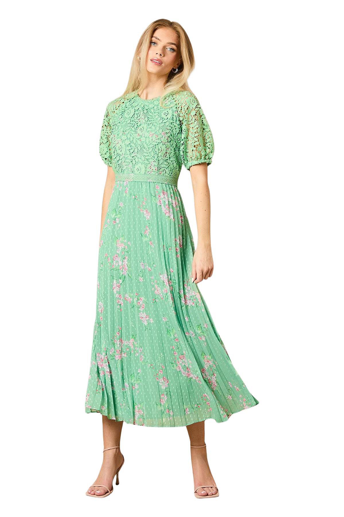 Oasis Women's Floral Lace Bodice Pleated Midi Dress view 1 — MAYCSS fashion products
