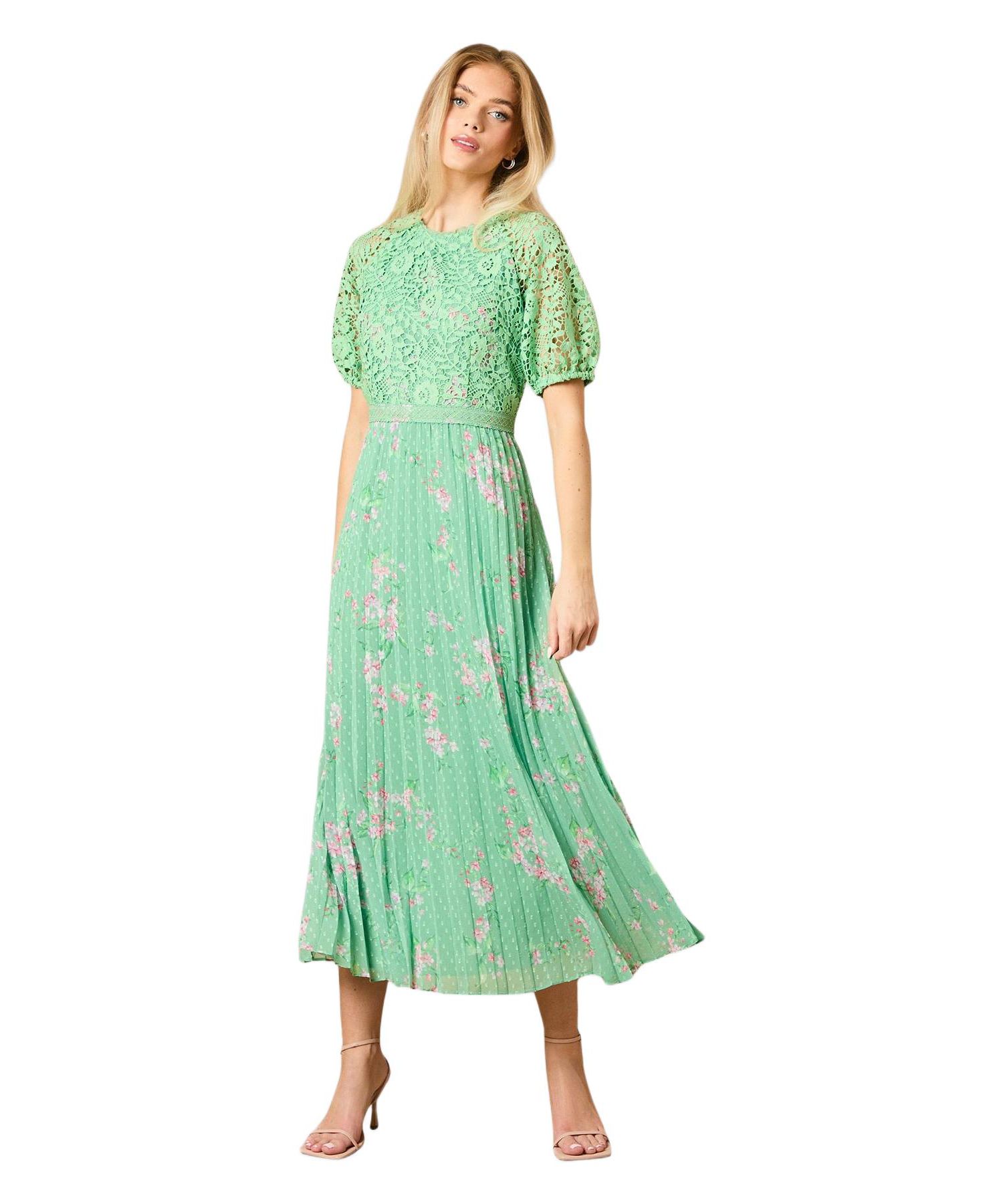 Women's Floral Lace Bodice Pleated Midi Dress