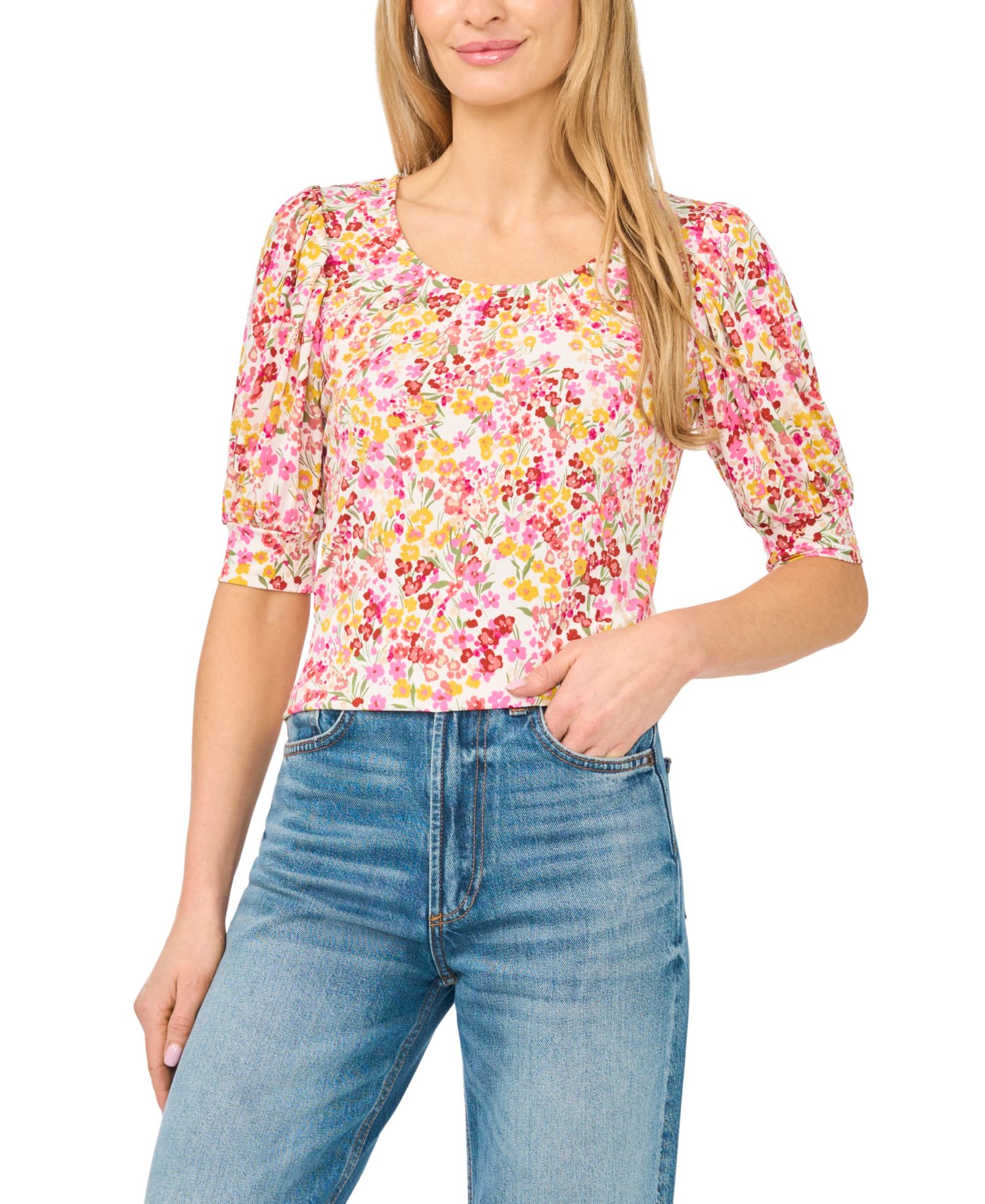 Women's Floral Crewneck 3/4-Sleeve Shirred Top